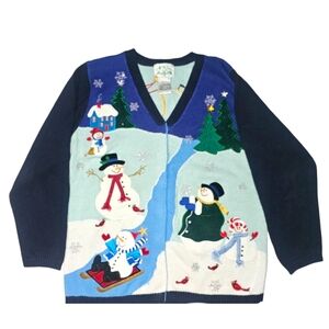 Vintage Cardigan Snowman Ugly Christmas Sweater The Quaker Factory Winter Retro